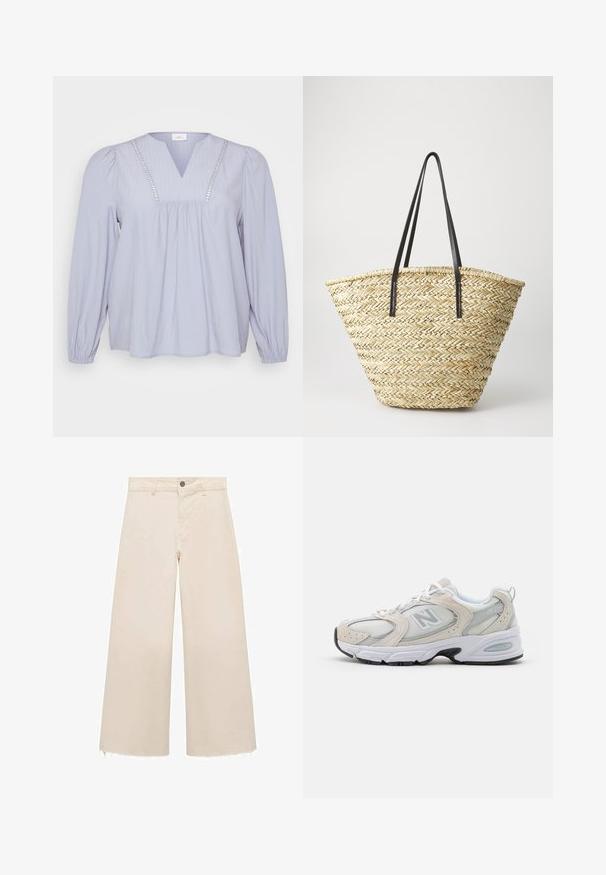 Light blue blouse made of soft fabric, featuring a V-neck, vertical ribbing, and decorative accents along the neckline. Long, gathered sleeves.; Wide-leg trousers in light beige cotton, featuring a button closure, subtle frayed hem, and a loose fit design.; Athletic shoe featuring a light gray mesh upper with suede accents, white laces, and a black rubber sole. Notable ABZORB cushioning detail.; Woven straw tote bag with a wide, tapered shape, featuring two black leather handles. Natural beige color with a textured surface.