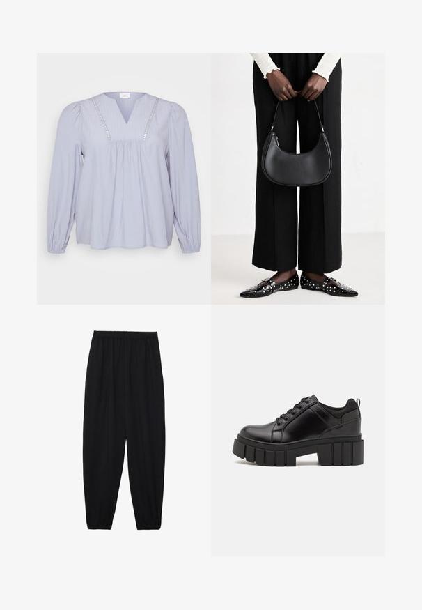 Hellbluse aus weichem Stoff, mit V-Ausschnitt, vertikalen Rippungen und dekorativen Akzenten entlang des Ausschnitts. Lange, geraffte Ärmel.; Schwarze, leichte Hosen mit einem elastischen Bund und gerafften Knöcheln. Der Stoff ist glatt und hat ein entspanntes, schmal zulaufendes Design.; Schwarze Lederplateauschuhe mit klobigem Blockabsatz, runder Zehenpartie und traditionellem Schnürdesign. Verfügt über eine glatte Textur und minimale Details.; Schwarze Leder-Schultertasche mit runder Form, glänzender Oberfläche und silbernem Beschlag. Person trägt schwarze weit geschnittene Hosen und Nieten-Loafers.