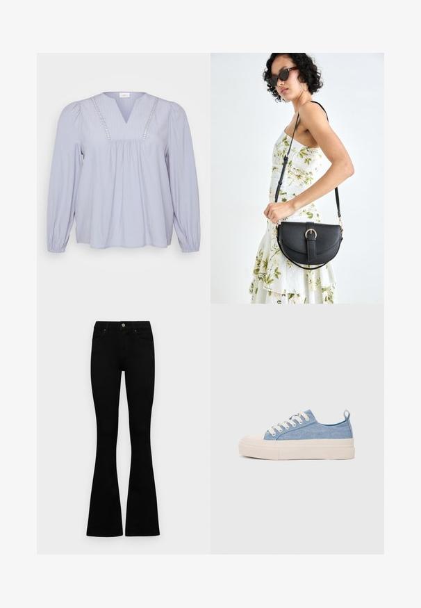 Lyseblå bluse laget av mykt stoff, med V-hals, vertikal ribbing og dekorative detaljer langs halslinjen. Lange, innsamlede ermer.; Sorte høytlivsjeans med knapp og glidelås, frontlommer og utsvingte bein liggende flatt på en hvit bakgrunn.; Lys blå canvastøfler med en kremfarget gummitupp og yttersåle, med hvite snørebånd og en løfteløkke på hælen.; Svart lærveske med en buet form, avtagbar stropp og gullbeslag. Vesken har et klaff med spenne-detall.