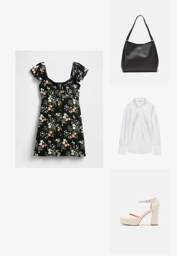 Valge pika varrukaga särk klassikalise kraega, millel on nööpidega esikülg ja sile tekstuur, valmistatud kergest kangast, millel on õrn sära.; Mustard mustaga kleit, millel on puffvarsid, pitsist kaelus ja mitmevärviline lillemuster roosa, valge, sinise ja rohelise lehega.; Kreemivärvi platvormisaapad ümarate säärede ja reguleeritava pahkluu rihmaga. Omab paksu plokknurka kerge puidust aktsendiga.; Mustmust mustrahnaga, millel on pehme tekstuur, hobo kuju ja kaks õlavarre rihma; sisaldab läikivat viimistlust ja minimalistikku disaini.