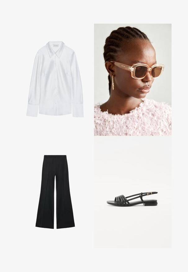 Witte lange mouwen overhemd met een klassieke kraag, voorzien van een knoopsluiting aan de voorkant en een zachte textuur, gemaakt van lichtgewicht stof met een subtiele glans.; Zwarte wijde-pijpen broek met een gladde textuur, gekenmerkt door voorplooien en een op maat gemaakte uitstraling. De stof is lichtgewicht en vloeiend.; Zwarte platte sandalen met een bandjesontwerp, voorzien van meerdere leren straps en een smalle enkelgesp. De zool is plat en rechthoekig.; Beige oversized zonnebril met een doorzichtig montuur en bruine getinte glazen, met subtiele bloemaccenten en een gedurfde, geometrische ontwerp.