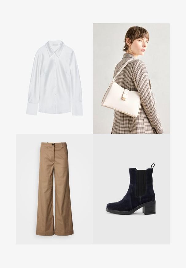 White long-sleeve shirt with a classic collar, featuring a button-up front and smooth texture, made from lightweight fabric with a subtle sheen.; Wide-leg pants made of smooth, tan fabric. Features a front button closure, belt loops, and side pockets. Clean lines with no visible patterns.; Navy blue suede ankle boot with elastic side panel, rounded toe, and block heel. Textured fabric and smooth sole add contrast.; White leather handbag with a structured design, featuring a magnetic clasp and a shoulder strap, showcased against a neutral background.
