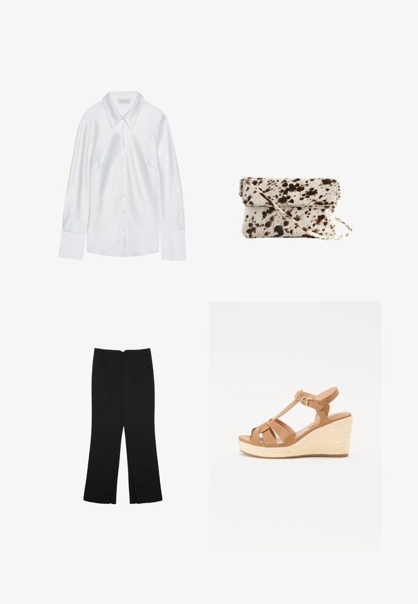 Bijela košulja dugih rukava s klasičnim ovratnikom, s gumbima sprijeda i glatkom teksturom, izrađena od laganog materijala s suptilnim sjajem.; Crne hlače ravnog kroja, s prednjim džepovima i bočnim prorezima na rubu. Izrađene od mekog i glatkog materijala. Pogodne za razne prigode.; Smeđe platforme na petu s ukriženim trakama, podesivom kopčom oko gležnja i teksturiranom, tkanom espadril stilom na peti.; Torba od kravlje kože s kremastom podlogom i tamnosmešnim mrljama, pravokutnog oblika, s preklopom i odvojivim remenom za rame.