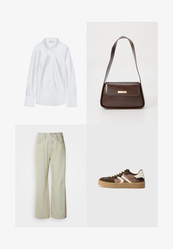 Bílá košile s dlouhým rukávem, klasického límce, s knoflíkovým zapínáním vpředu a hladkým povrchem, vyrobená z lehkého materiálu s jemným leskem.; Světle modré džínové kalhoty s širokým střihem, vyrobené z denimu, s vysokým pasem, pěti kapsami a jemným vyšisováním s kontrastním prošíváním.; Hnědé a krémové tenisky s kombinací semiše a saténu, které mají tři diagonální pruhy a texturovanou gumovou podrážku.; Hnědá kožená taška přes rameno se strukturovaným tvarem, vybavená magnetickou klopou a metalickým logem na přední straně.; Zlaté kruhové náušnice s texturovaným, nepravidelným tvarem. Disponují bezproblémovým uzávěrem a leštěným povrchem, což zdůrazňuje moderní design.