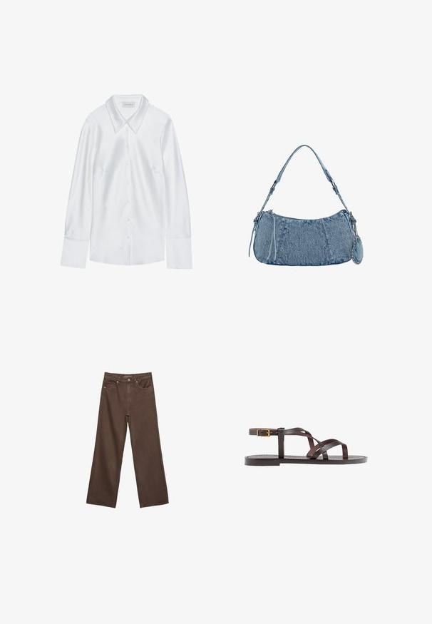 White long-sleeve shirt with a classic collar, featuring a button-up front and smooth texture, made from lightweight fabric with a subtle sheen.; Wide-leg brown jeans made of denim, featuring a high waist, front pockets, and a classic button closure. Smooth texture with subtle stitching.; Brown leather sandal featuring crisscross straps, an ankle buckle closure, and a flat sole with minimal stitching details.; Denim handbag with a curved shape, light blue color, adjustable shoulder strap, and a small detachable pouch with metallic accents.