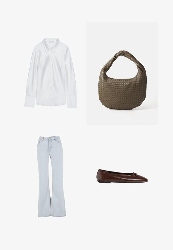 Weißes Langarmhemd mit klassischem Kragen, mit durchgehender Knopfleiste und glatter Textur, gefertigt aus leichtem Stoff mit einem dezenten Glanz.; Helle blaue ausgestellte Jeans aus Denim mit hoher Taille, fünf Taschen und kontrastierender Naht entlang der Nähte.; Braune Leder-Ballettschuhe mit glatter Textur, spitzer Zehenpartie und einer Schleifenakzentierung auf der Vorderseite, ausgestattet mit einer niedrigen schwarzen Gummisohle.; Geflochtene olivgrüne Handtasche mit runder Form und gedrehter Tragegriff. Strukturiert Oberfläche mit diagonaler Musterung. Reißverschlussverschluss.