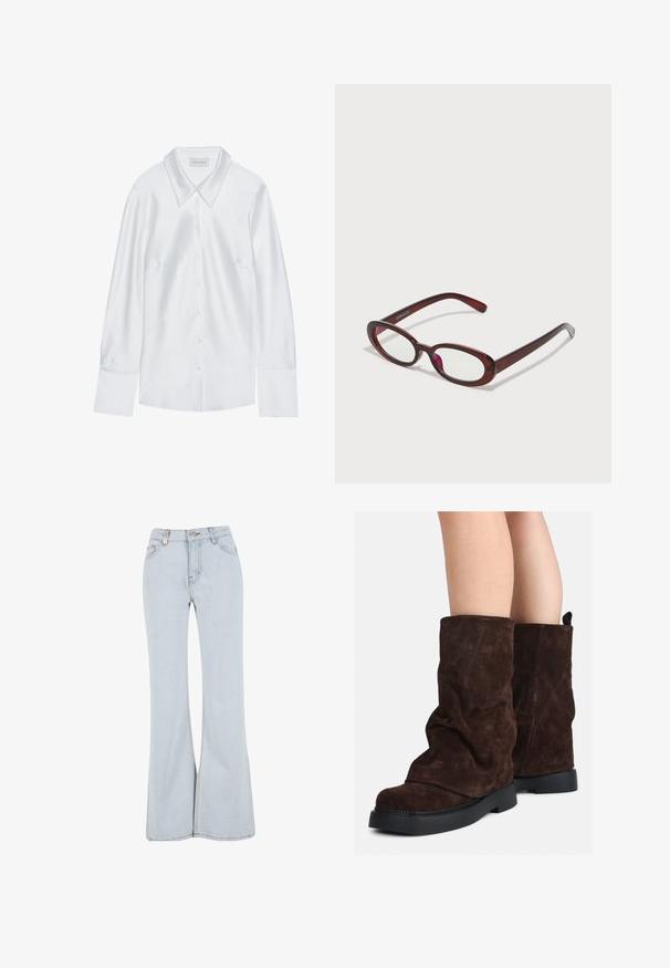 White long-sleeve shirt with a classic collar, featuring a button-up front and smooth texture, made from lightweight fabric with a subtle sheen.; Light blue flared jeans made of denim featuring a high waist, five pockets, and contrasting stitching along the seams.; Brown suede mid-calf boots with black rubber soles worn on bare legs, showing slight wrinkling on the boot shafts.; Oval-shaped red sunglasses with clear lenses and sleek brown frames. The design features subtle curves and minimal hardware.