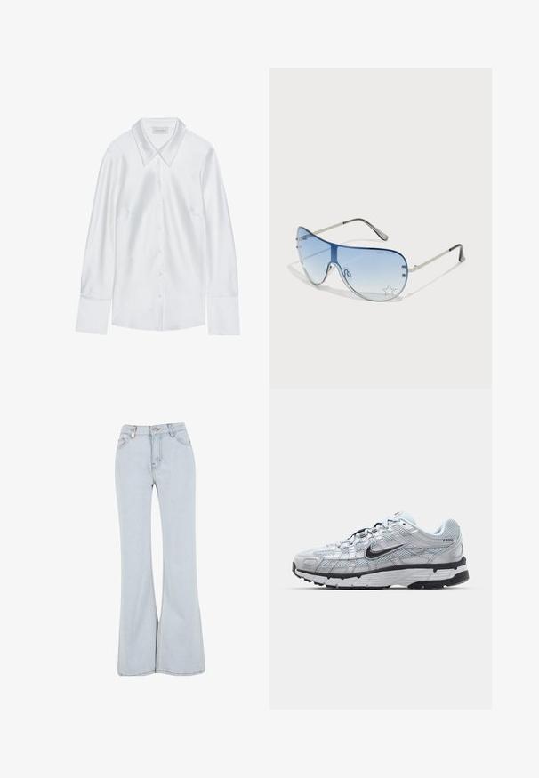 Weißes Langarmhemd mit klassischem Kragen, mit durchgehender Knopfleiste und glatter Textur, gefertigt aus leichtem Stoff mit einem dezenten Glanz.; Helle blaue ausgestellte Jeans aus Denim mit hoher Taille, fünf Taschen und kontrastierender Naht entlang der Nähte.; Nike P-6000 Sneakers mit einem Obermaterial aus leichtem grauem Mesh, schwarzen Akzenten und einer langlebigen schwarzen Gummisohle. Verfügt über ein komplexes Design und ein Schnürsystem.; Flugzeugbrille mit einem verlaufenden blauen Glase, silbernem Metallrahmen und dekorativen Sternelementen auf dem Glas. Glattes und elegantes Design.
