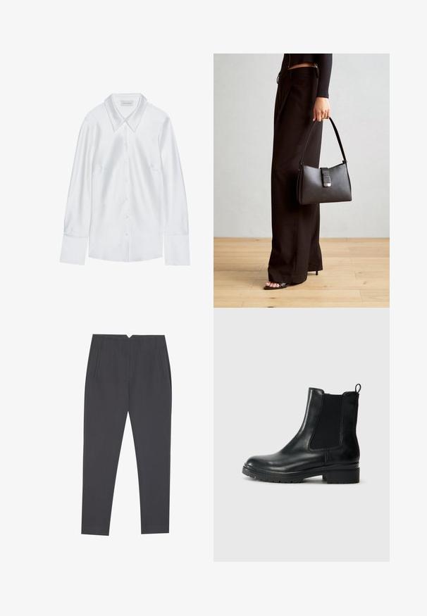Biela dlhá košeľa s klasickým golierom, so zapínaním na gombíky a hladkou textúrou, vyrobená z ľahkého materiálu s jemným leskom.; Tmavošedé zúžené nohavice so bočnými vreckami a prednými záhybmi, navrhnuté pre presný strih.; Tamaris Klasické členkové čižmy - black glam; Čierna kabelka so štruktúrovaným tvarom, hladkou textúrou a kovovou sponou. V kombinácii so širokými čiernymi nohavicami a sandálmi s otvorenou špičkou na drevenej podlahe.