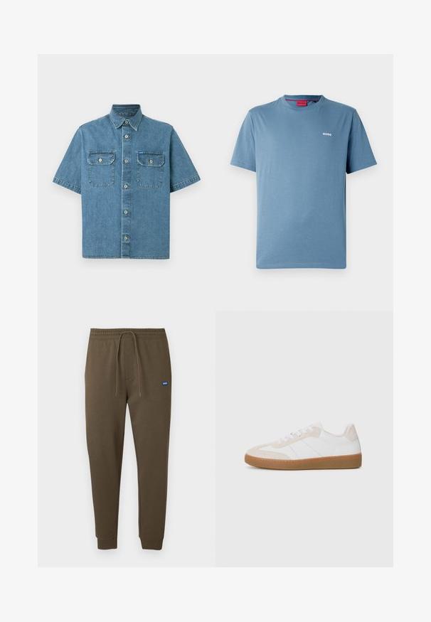 Kratka denim košulja s kratkim rukavima, svijetloplava, s dva džepa na prsima s kopčama na gumb, oštrim ovratnikom i prednjim kopčanjem na gumbe.; Plava majica kratkih rukava s okruglim izrezom i malim bijelim logotipom "HUGO" na lijevoj strani prsa, s crvenom unutarnjom oznakom u području ovratnika.; Tamno maslinasto zelene trenirke s elastičnim pojasom, vezicama, bočnim džepovima i rebrastim manžetama. Mala plava logotipna zakrpa na lijevoj strani.; Bijela i bež tenisica s elementima od kože i ante. Ima gumeni potplat, dizajn s vezicama i minimalističke bočne pruge.