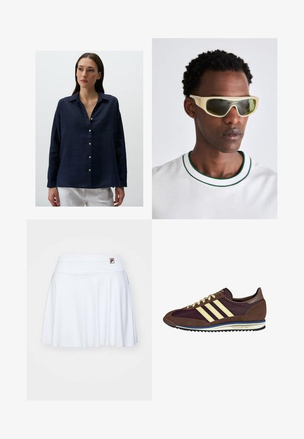 Navy blue linen button-up shirt with a collar, long sleeves, and a relaxed fit. Features a front placket with white buttons and a soft texture.; White tennis skirt made of stretchy fabric, featuring a smooth waistband and subtle pleats, with a small logo tag in the upper left.; Brown and burgundy sneaker with suede and mesh materials, featuring three cream stripes, textured fabric on the tongue, and a rubber sole.; Sunglasses with a translucent yellow frame and green-tinted lenses. Angular design with wide temples, worn with a white shirt featuring green accents.; Yellow leather hobo bag with a curved handle, soft texture, and subtle seam detailing on the front, offering a spacious design.