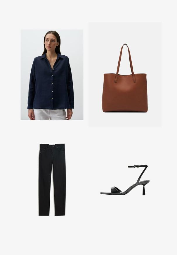 Marineblaue Leinen-Hemd mit Knopfleiste, Kragen, langen Ärmel und lockerer Passform. Hat eine Frontblende mit weißen Knöpfen und eine weiche Textur.; Schwarze Jeans mit geradem Bein, fünf Taschen, Metallknopfverschluss und dezenten Nähten. Glatte Textur.; Bershka High Heel Sandalette - black; Braune Leder-Tote mit glatter Textur, offenem Oberteil und zwei Schulterriemen. Verfügt über minimale Nähte und keine sichtbaren Beschläge.