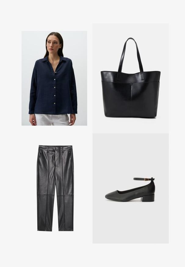 Donkerblauwe linnen knoopoverhemd met kraag, lange mouwen en een ontspannen pasvorm. Heeft een voorpand met witte knopen en een zachte textuur.; Zwarte leren broeken met een gladde textuur, voorzien van een rechte pasvorm, twee voorzakken en zichtbare naaddetail.; Zwarte leren pump met een spitse neus en een lage blokhak. Beschikt over een enkelband met een goudkleurige gespsluiting. Gladde textuur.; Zwarte leren tote bag met twee lange handvatten, een zachte textuur en een gestructureerde vorm. Voorzien van een voorvak voor extra opslagruimte.