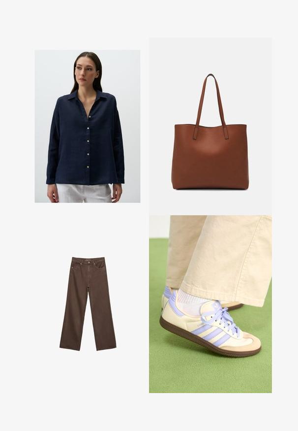 Marineblaue Leinen-Hemd mit Knopfleiste, Kragen, langen Ärmel und lockerer Passform. Hat eine Frontblende mit weißen Knöpfen und eine weiche Textur.; Weite braune Jeans aus Denim, mit hoher Taille, Fronttaschen und klassischem Knopfverschluss. Glatte Textur mit feinen Nähten.; Cremefarbene und lavendelfarbene Sneakers mit drei Streifen und einer strukturierten braunen Sohle, ausgestattet mit Schnürsenkeln und einer gepolsterten Ferse. Obermaterial aus weichem Stoff.; Braune Leder-Tote mit glatter Textur, offenem Oberteil und zwei Schulterriemen. Verfügt über minimale Nähte und keine sichtbaren Beschläge.