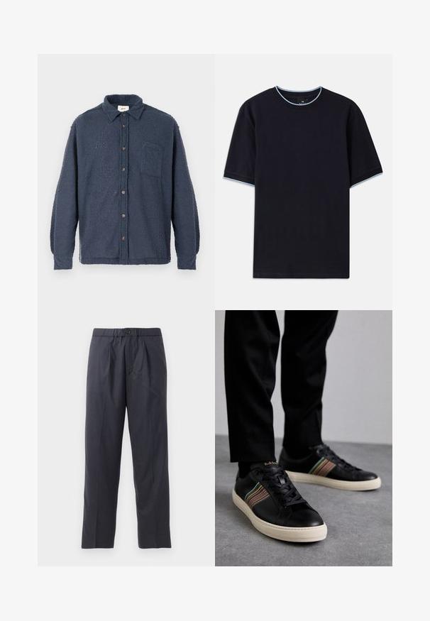 Laevast sinine fliisist särk tekstuurse pinnaga, esitelgedega, kraega ja rinnataskuga. Omab pruune nööpe ja pikki varrukasid.; Tume sinine lühikese varrukaga t-särk ümmarguse kaelusega, millel on helesinised aktsendid kaeluse ja varrukate ümber. Valmistatud pehmest puuvillast kangast.; Tumed sinised püksid pehmest kangast, mille esiosal on volditud disain ja elastne vöökoht. Varustatud nupuga sulgemisega ja sirge lõikega.; Mustad nahast spordijalatsid mitmevärviliste triipudega aktsentide, ümmarguse nina, ja valgete kummist talladega, omades paeladese disaini ja volditud brändimist.