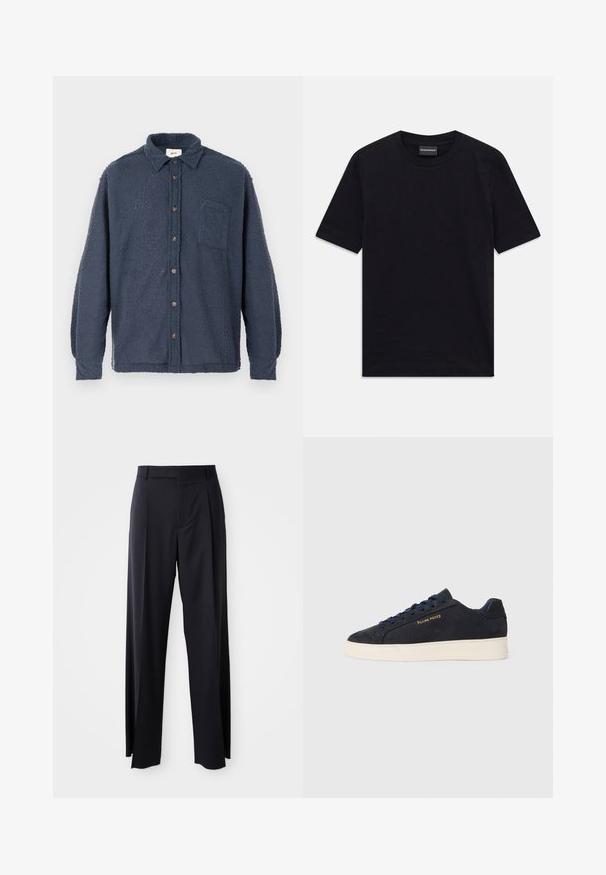 Donkerblauw fleece shirt met een gestructureerd oppervlak, knopen aan de voorkant, kraag en een borstzak. Voorzien van bruine knopen en lange mouwen.; Zwarte T-shirt met korte mouwen en ronde hals met een subtiele reliëfpatroon en merklabel in de kraag, plat gelegd op een witte achtergrond.; Zwarte, hooggewaisted broeken met een brede pijp, gemaakt van een gladde stof. Voorzien van voorkanten met plooien en riemlussen. Minimalistisch ontwerp, geen zichtbare hardware.; Navyblauwe suède lage sneakers met een witte zool, navy veters en het 'Filling Pieces' logo in goud op de zijkant.