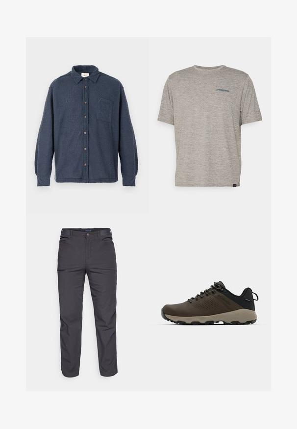 Camicia in pile blu navy con superficie testurizzata, chiusura con bottoni, colletto e taschino sul petto. Presenta bottoni marroni e maniche lunghe.; T-shirt grigio a maniche corte realizzato in un morbido tessuto di texture, con un piccolo logo blu di Patagonia sul lato sinistro del petto. Senza ulteriori fantasie.; Pantaloni grigi scuri realizzati in tessuto resistente, dotati di tasca con zip, taglio dritto e passanti per cintura per una vestibilità regolabile.; Sneakers impermeabili marroni con tomaia testurizzata, dettagli perforati, supporto al tallone nero e suola in gomma grigia. I lacci sono decorati con estremità metalliche.