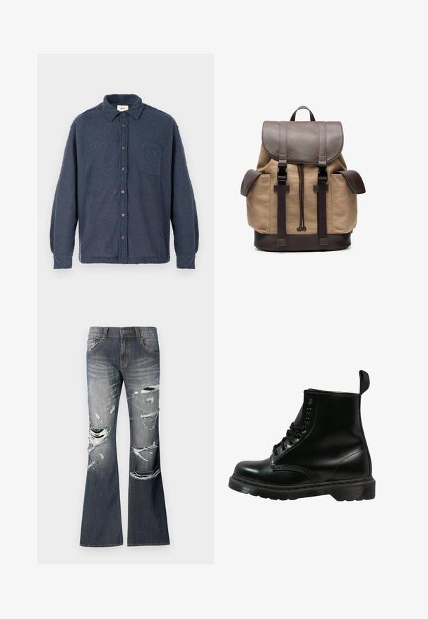 Donkerblauw fleece shirt met een gestructureerd oppervlak, knopen aan de voorkant, kraag en een borstzak. Voorzien van bruine knopen en lange mouwen.; Uitgebrede jeans in donkerblauwe denim met versleten gaten en slijtage details aan de voorkant. Voorzien van vijf zakken en een knoopsluiting.; Zwarte leren laars met ronde neus, vetersluiting, zes oogjes en een gestructureerde rubberen zool. Inclusief een treklip aan de achterkant.; Canvas rugtas in bruin met leren accenten in bruin. Bevat een bovenflap, verstelbare schouderbanden en twee zijvakjes. Rechthoekige vorm, stevige constructie.