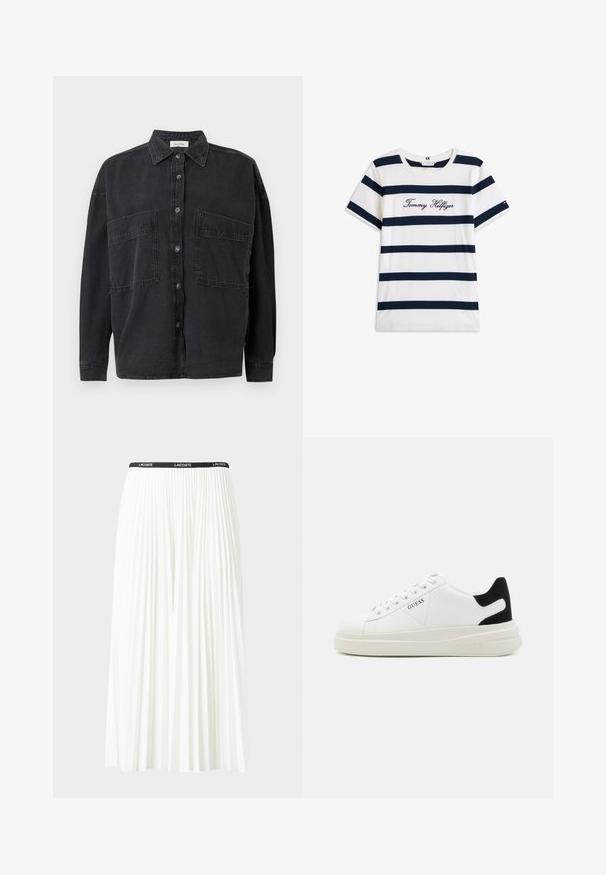 Zwarte denim overhemd met een kraag, twee voorzakken en knoopsluiting. Heeft lange mouwen en een relaxte pasvorm.; Katoenen T-shirt met horizontale marineblauwe strepen op een witte achtergrond. "Tommy Hilfiger" geborduurd in cursieve letters op de borst. Ronde hals.; Plisséminirok in het wit met een zwarte elastische tailleband met het "LACOSTE"-logo. Middellange ontwerp met een zachte textuur.; Witte leren sneakers met een dikke witte zool, zwarte suède hielaccent en een geperst logo op de zijkant. Vetersluiting met zes oogjes.