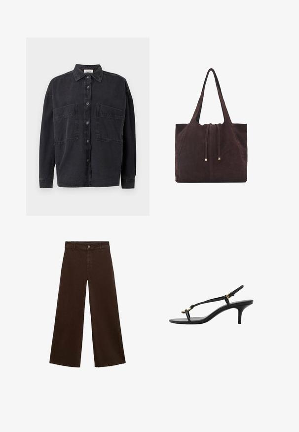 Camicia in denim nera con colletto, due tasche frontali e chiusura a bottoni. Caratterizzata da maniche lunghe e un fit rilassato.; Pantaloni larghi marroni in misto cotone, caratterizzati da orlo sfrangiato, chiusura frontale con bottone e classico design a cinque tasche. Minimalisti e versatili.; Sandal con zeppa kitten nera in pelle, con sottili cinturini, fibbia dorata e una minimalista fascetta per le dita su sfondo bianco.; Mango Shopping bag - dark brown