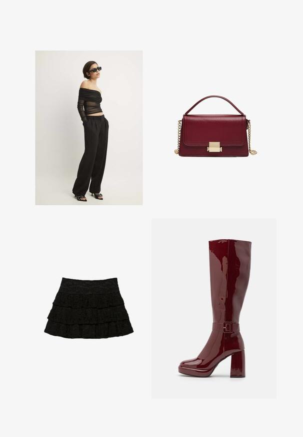 Čierny off-the-shoulder sieťový top s vrstvenými detailami, skombinovaný s čiernymi nohavicami s vysokým pásom a čiernymi sandálmi na podpätku. Čierne obdĺžnikové slnečné okuliare.; Čierna sukňa s viacerými vrstvami ruflí s textúrovaným kvetinovým vzorom. Elastický pás pre komfort a prispôsobenie.; Even&Odd Wide Fit Topánky na vysokom opätku - red; Bordová kožená kabelka so štruktúrovaným dizajnom, zlatým zapínaním a odnímateľným reťazovým popruhom. Hladký povrch a obdĺžnikový tvar.