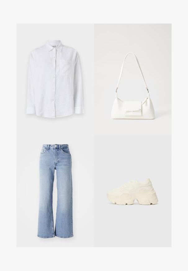 Hvit skjorte i lin med lange ermer, knappestykke foran og lomme på venstre bryst. Har klassisk krage og rett skjortekant.; Lyseblå høyt liv vide jeans med front- og baklommer, knappelukking og subtile falminger på lårene og kanten.; Chunky hvite sneakers laget av teksturert mesh og syntetiske materialer, med en tykk såle og intrikate mønsterdetaljer langs sidene.; Hvit syntetisk håndveske med trekantet form, flat klaff foran og sløyfe detaljer, justerbar stropp, glatt tekstur og minimalistisk design.