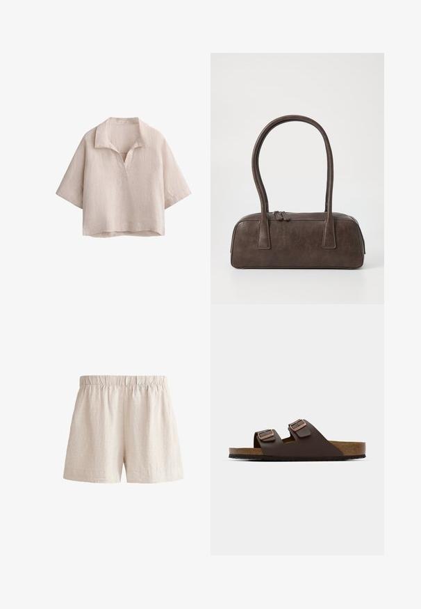 Linned kortærmet top i lys beige med en lille krave og V-hals, der har en afslappet pasform og en brystlomme på venstre side.; Lyse beige linnedshorts med elastisk talje, der har en løs pasform og en simpel afslutning. Glat tekstur med en subtil, naturlig finish.; Brun, flad slidesandal med to justerbare remme. Lavet af et glat materiale, med en korkfodbed og en struktureret gummisål.; Brun lædertaske med to robuste håndtag, rektangulær form, glat tekstur og lynlås lukning. Minimalistisk design uden synlige mønstre.