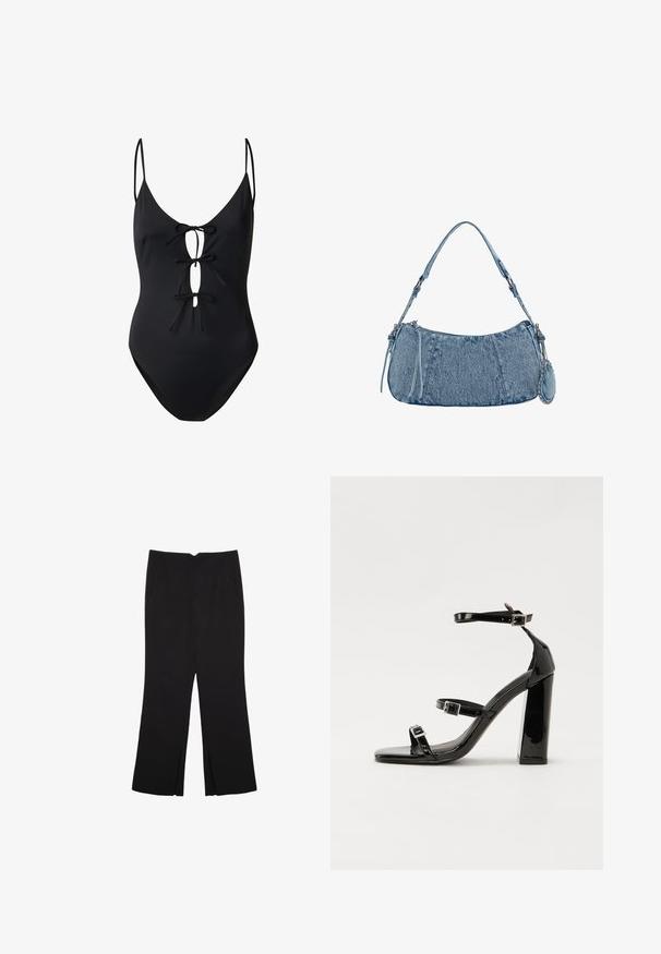 Zwarte badpak met een diepe V-halslijn, verstelbare dunne bandjes en drie strikdetails aan de voorkant voor het vastmaken. Gladde textuur.; Zwarte broek met een rechte pasvorm, voorzien van zijzakken en plooien aan de onderzijde. Gemaakt van zachte, gladde stof. Geschikt voor verschillende gelegenheden.; Zwarte gepatenteerde sandalen met hak en een vierkante neus, enkelbandjes en zilveren gespen. Heeft een stevige blokhak voor stabiliteit.; Denim handtas met een gebogen vorm, lichtblauwe kleur, verstelbare schouderriem en een kleine afneembare pouch met metallic accenten.