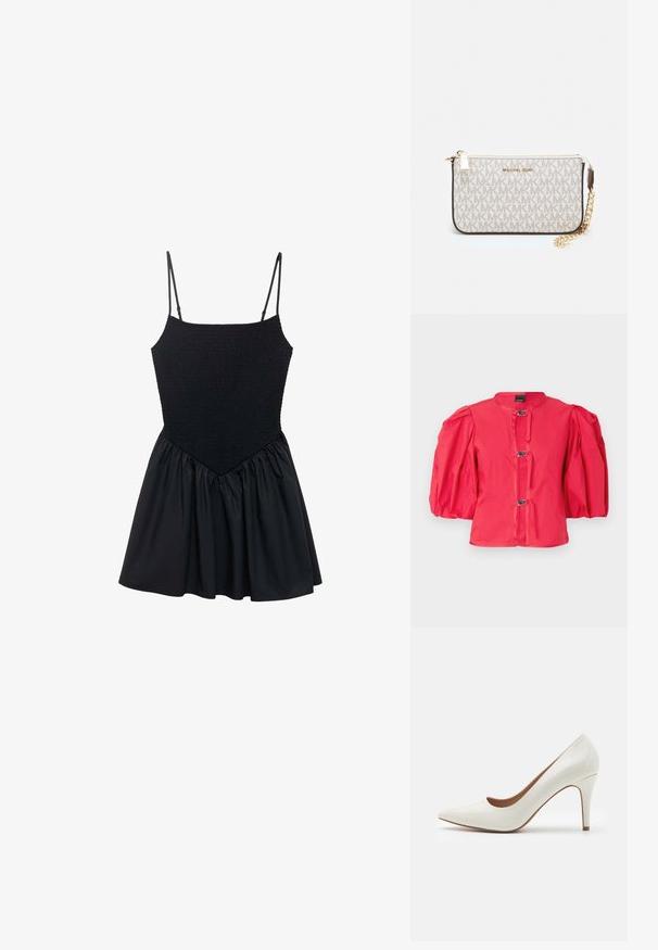 Giacca rossa con maniche a sbuffo, caratterizzata da un colletto rotondo, quattro chiusure con gancio e occhiello, e un tessuto liscio e testurizzato.; Abito nero con corpetto arricciato e spalline regolabili. La gonna è arricciata, creando una forma svasata. Tessuto morbido in tutto l'abito.; Scarpa con tacco alto in pelle verniciata bianca, con punta affilata e superficie liscia, caratterizzata da un tacco sottile e un'apertura bassa.; Wristlet Michael Kors in tela rivestita beige con motivo a logo MK ripetuto, hardware dorato e tracolla a catena staccabile.