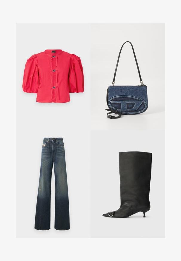 Piros puff-szmújú dzseki kerek dekoltázzsal, négy kampó- és szemzárral, valamint sima, textúrált anyaggal.; Sötétkék, széles szárú farmernadrág, fakó hatással, kopott térddel és klasszikus, öt zsebes kialakítással, matricával.; Fekete bőr bokacsizma hegyes orral, kis sarokkal és fémes díszítéssel az orrán. Az egész felületen sima, matt textúra.; Farmer anyagú keresztpántos táska fekete bőrszíjjal, ovális logóval az elején és cipzáros záródással a tetején. Texturált felület.