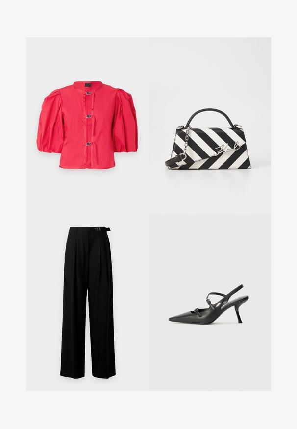 Red puff-sleeve jacket featuring a round neckline, four hook and eye fastenings, and a smooth, textured fabric.; Black wide-leg trousers with a high waist, pleats at the front, and a belt featuring a buckle. Made from smooth, lightweight fabric.; Black leather slingback heels with a pointed toe, slender heel, and decorative buckle detail on the vamp. Smooth texture and sleek design.; Black and white striped handbag with a structured shape, featuring a top handle, a detachable chain strap, and metallic logo accent.