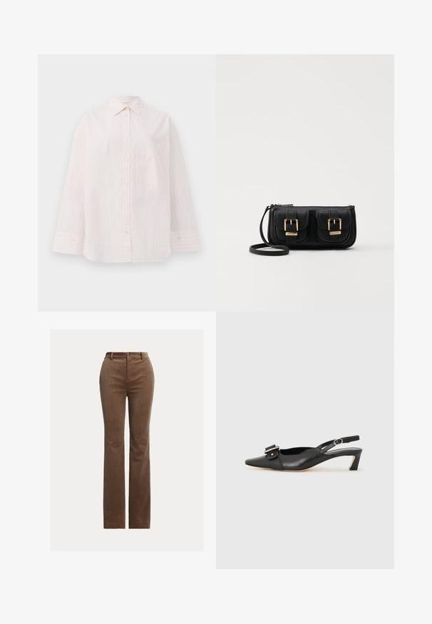 Lyserød skjorte med knaplukning og lodrette hvide striber, lange ærmer, spids krave og en enkelt brystlomme. Glat stofstruktur.; Brune kordfløje bukser med lige ben design, der har bæltestropper, forkert lommer og subtil vertikal ribbning for tekstur.; Sorte læder slingback sko med spidse tæer, lille hæl og dekorativ spænde detalje på overdelen. Glat tekstur, minimalistisk design.; Sort læder crossbody taske med to frontlommer, guldspænder, lynlåslukning og en slank rem. Struktureret overflade og kompakt rektangulær form.