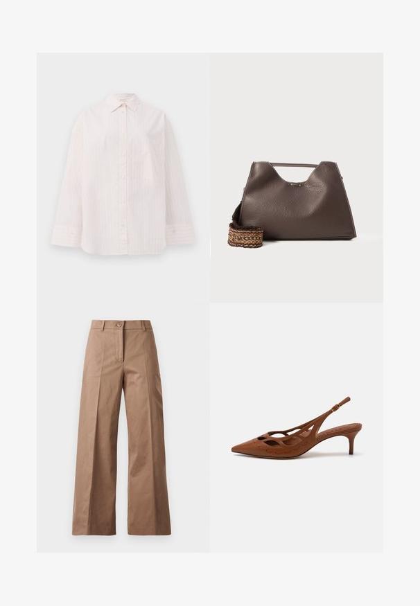 Világos rózsaszín gombos ing, függőleges fehér csíkokkal, hosszú ujjal, hegyes gallérral és egyetlen mellzsebbel. Sima szövet textúra.; Barna, bőszárú nadrág sima anyagból, elülső gombos zárással, két elülső zsebbel és tiszta, szabott vonalakkal.; Barna bőrszíjjal készült sarok, hegyes orral, kivágott dizájnnal és varrott részletekkel. Karcsú sarokkal és állítható pánttal rendelkezik.; Barna bőr kézi táska texturált felülettel, szögletes dizájnnal és jellegzetes felső fogantyúval. Mintás szőtt vállpánttal rendelkezik.