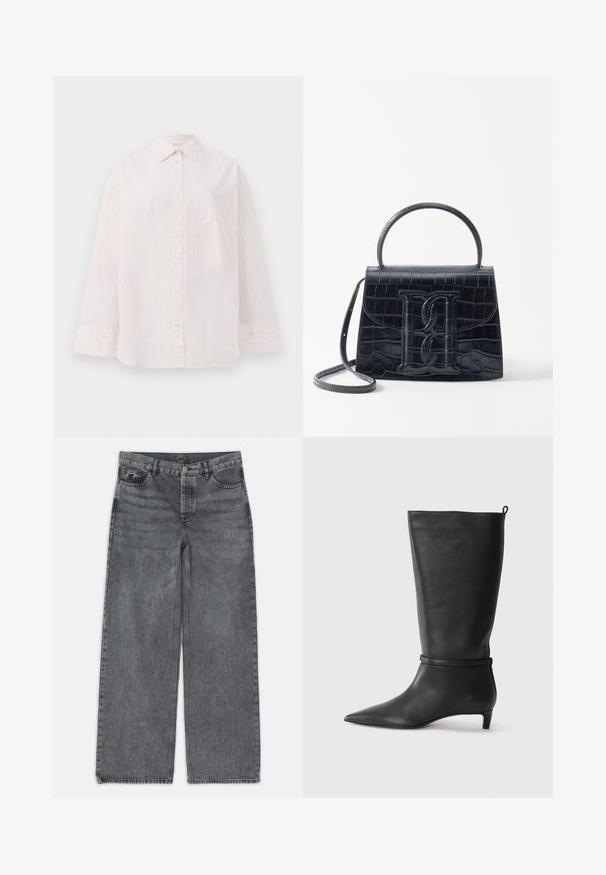 Svijetloružičasta košulja s dugim rukavima, uzdužnim bijelim prugama, šiljastim ovratnikom i jednom džepom na prsima. Glatka tekstura tkanine.; Široke traperice u tamnosivoj boji. Imaju visoki struk, dizajn s pet džepova i prednje kopčanje na dugme. Glatka tekstura s suptilnim izbljeđenjem.; Crne kožne čizme visine do koljena s izduženim prstima, ukrašene okruglom trakom oko gležnja i niskom, suženom petom. Glatka tekstura.; Crna torba od krokodilne kože s uzorkom, strukturiranog dizajna, gornjom ručkom, podesivom trakom i istaknutim logotipom sprijeda.