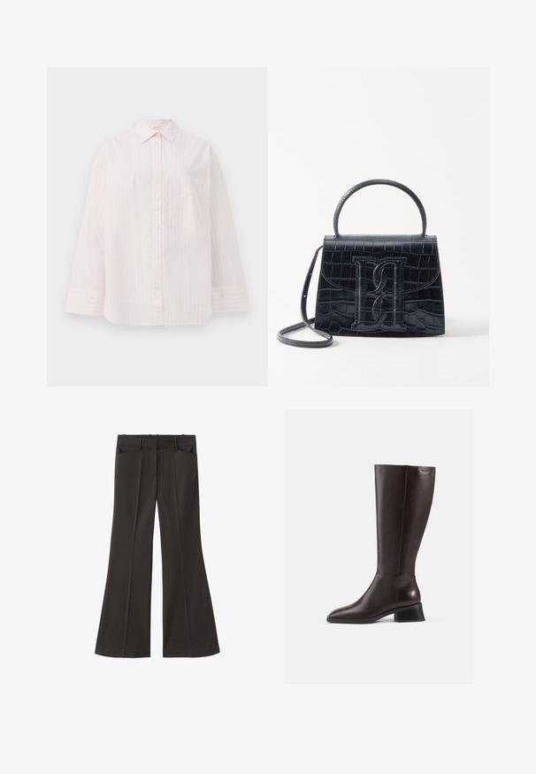 Lichtroze overhemd met knopen, voorzien van verticale witte strepen, lange mouwen, een puntige kraag en een enkele borstzak. Glad stof textuur.; Zwarte flared broek met een hoge taille; beschikt over twee voorkeurszakken en een gladde stoftextuur. Geschikt voor verschillende gelegenheden.; Kniehoge bruine leren laarzen met een gladde afwerking, ronde neus en een gestapelde zwarte hak. Eenvoudig ontwerp met minimale hardwaredetails.; Zwarte handtas van krokodillleer met een gestructureerd ontwerp, bovenhandvat, verstelbare schouderband en een opvallend voorlogo.