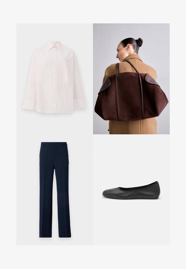 Heled roosa nööpidega särk, millel on vertikaalsed valged triibud, pikad varrukad, terav krae ja üks rinna-tasku. Sile kangastekstuuri.; Tumesinine pükste paar, mis on valmistatud siledast kangast ja millel on sirge jala disain, ees voldid ja küljetaskud, et saavutada viimistletud välimus.; Musthave mustika tantsutossud mustast nahast, ümmarguse varbaga, siledast tekstuurist, minimaalse õmblusdetailiga ja paindliku tallakujundusega.; Pruun nahkhiirtega käekott tumedate nahkaaktsentidega, millel on struktureeritud kuju ja kahekordsed rihmad, mille kantakse üle õla beezist manteliga.