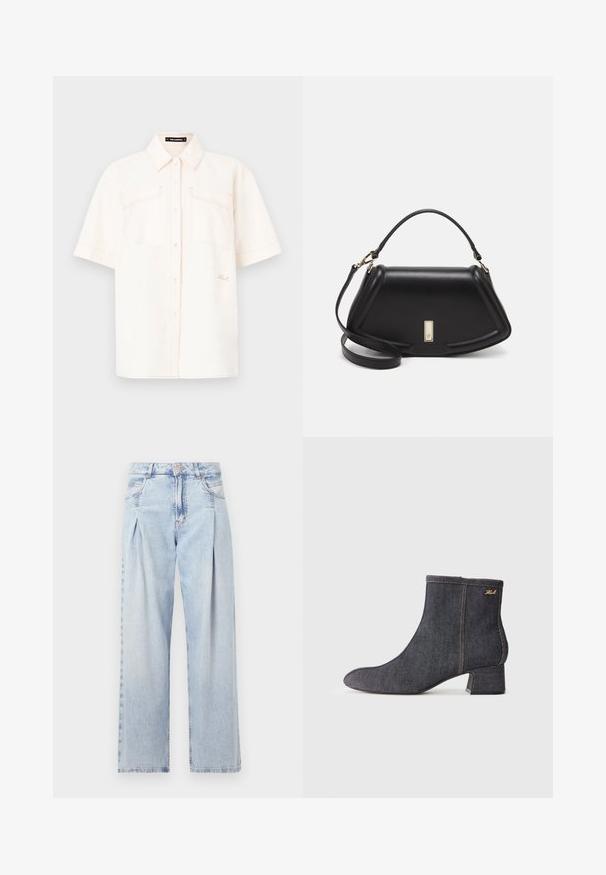 Short-sleeve, cream-colored shirt made of lightweight fabric, featuring two front pockets, a button-up design, and contrasting stitching.; Light blue denim jeans with a high waist, wide-leg cut, two side pockets, and pleated design feature. Soft texture with a faded finish.; Dark denim ankle boot with a pointed toe, block heel, visible stitching, and a subtle brand logo on the side. Smooth texture.; Black leather handbag with a structured design, featuring a cropped shape, top handle, and gold hardware accent. Adjustable shoulder strap included.