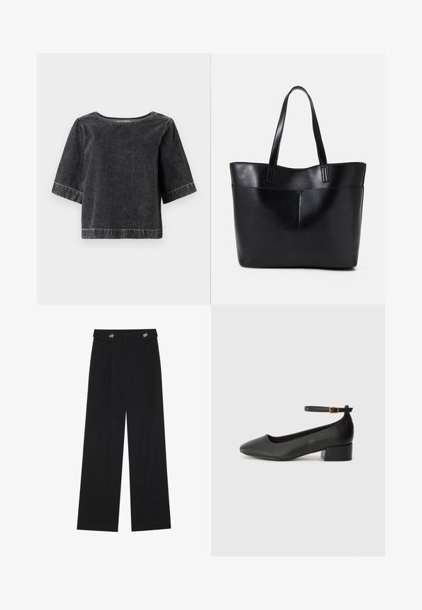 Top de denim preto com mangas curtas, decote redondo e um corte ligeiramente solto. Apresenta costuras visíveis e um acabamento texturizado.; Calças largas pretas com cintura alta, detalhes em botão na cintura e pregas frontais.; Sandal de pele preta com bico pontiagudo e um salto bloco baixo. Apresenta uma tira no tornozelo com uma fivela em tom dourado. Textura suave.; Bolsa tote preta em couro com duas alças longas, textura suave e forma estruturada. Apresenta um bolso frontal para armazenamento adicional.