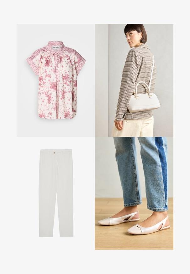 Kortermet bluse med et lys kremfarget stoff, prydet med rosa blomster mønstre og dekorativ smuging ved skuldrene og kragen.; Hvite, skreddersydde bukser med rette ben, med knapplukking, beltehemper og sidelommer; glatt tekstur.; Lys rosa slingback leiligheter med spiss tå, laget av et glatt, læraktig materiale. Har utskjæringer på sidene og lav hæl.; Hvit strukturert håndveske med korte håndtak og skulderreim, med detaljer i gullfinish og teksturert materiale, vist mot en grå bakgrunn.
