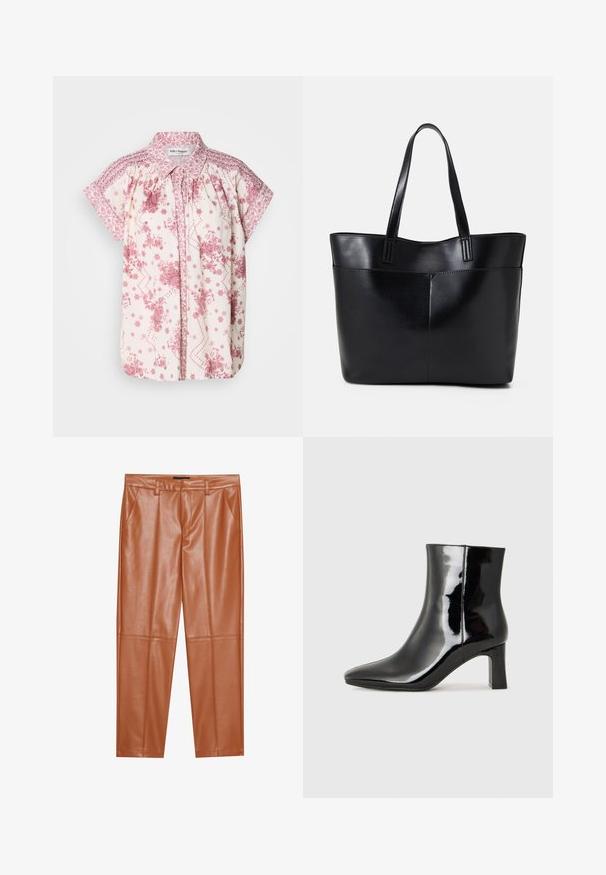 Bluzica s kratkimi rokavi, izdelana iz svetle kremaste tkanine s rožnatimi cvetličnimi vzorci ter dekorativnim smokom na ramenih in ovratniku.; Brahk velike hlače iz umetnega usnja z natančnim prileganjem, ki imajo sprednje pregibe in ravne noge. Gladka tekstura brez vidne kovine ali poudarkov.; Črne lakirane gležnjarje z ošiljenim nosom in srednje visokim blokastim peto. Gladka tekstura in minimalističen dizajn.; Črna usnjena torba z dvema dolgima ročajema, gladko teksturo in strukturirano obliko. Ima sprednji žep za dodatno shranjevanje.