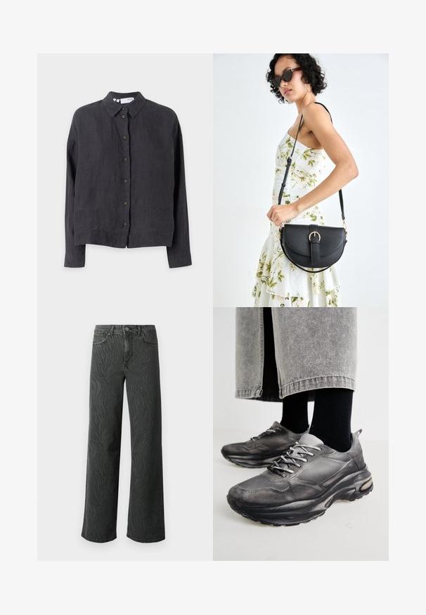 Camisa de linho cinza escuro, com colarinho, mangas longas e botões castanhos na parte da frente, apresentando um corte relaxado e uma textura suave.; Calças de perna larga em denim cinza escuro, apresentando uma textura sutil de padrão zebra, costura em contraste e um design de cinco bolsos com fecho de botão.; Sapatilhas atléticas pretas e cinzentas apresentam um upper em malha, solas espessas e atacadores. Têm um bico arredondado e detalhes de amortecimento visíveis.; Bolsa de couro preta com forma curva, alça destacável e detalhes em dourado. A bolsa possui uma aba com detalhe de fivela.