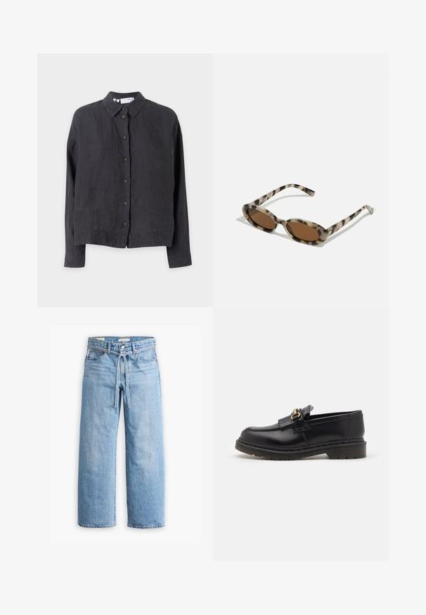 Camisa de linho cinza escuro, com colarinho, mangas longas e botões castanhos na parte da frente, apresentando um corte relaxado e uma textura suave.; Calças largas de ganga azul claro com cintura alta, fecho de botão e zip e detalhe com cordão na cintura. Acabamento com bainha não tratada.; Mocassins pretos de couro com bico arredondado, franja decorativa e detalhe em dourado. Sola de borracha grossa para maior tração e durabilidade.; Óculos de sol em padrão tartaruga, com lentes ovais, tom castanho e hastes finas e estampadas. Material plástico leve com subtis detalhes em dourado.