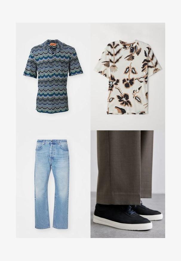 Koszula z krótkim rękawem zapinana na guziki, z wzorem w zygzaki w kolorze granatowym, zielonym i jasnoniebieskim na fakturowanej tkaninie. Metka przy dekolcie.; Koszulka z krótkim rękawem wykonana z miękkiego materiału, z kremowym tłem i abstrakcyjnymi wzorami kwiatowymi w kolorze czarnym, brązowym i jasnoniebieskim.; Jasnoniebieskie dżinsy z prostymi nogawkami. Posiadają delikatne przetarcia, zapięcie na guzik oraz styl pięciu kieszeni z klasycznym paskiem.; Czarne zamszowe sneakersy z białymi gumowymi podeszwami, z zaokrąglonym noskiem i sznurówkami, noszone z szarymi dopasowanymi spodniami.