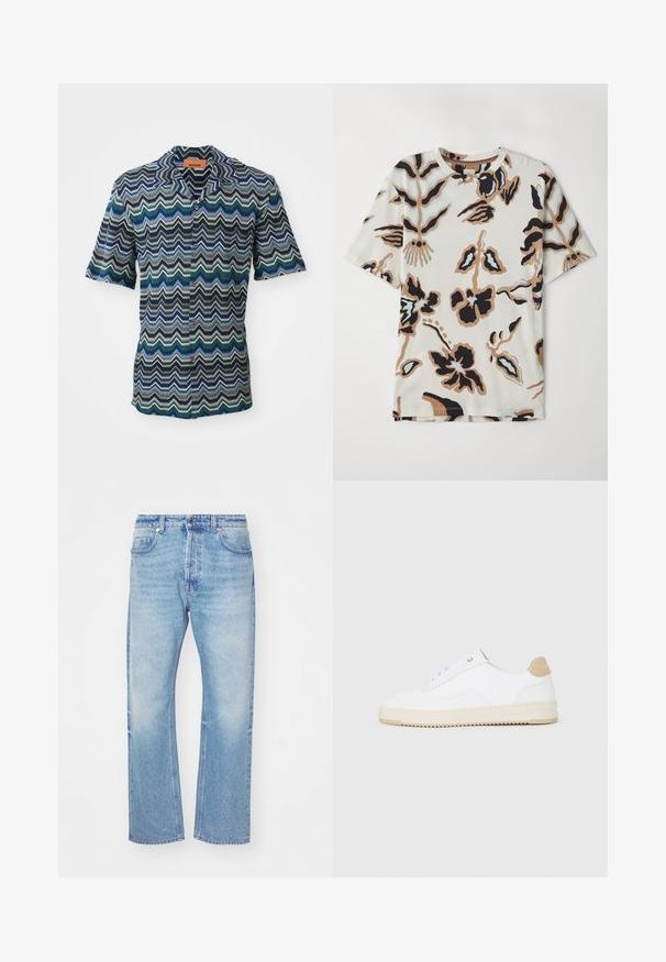 Košela s krátkym rukávom a gombíkmi, ktorá sa vyznačuje zigzagovým vzorom v námorníckej, zelenej a svetlomodrej farbe na textúrovanej tkanine. Štítok na krku.; Tričko s krátkym rukávom vyrobené z jemnej látky, s krémovým pozadím a abstraktnými kvetinovými vzormi v čiernej, hnedej a svetlomodrej farbe.; Svetlo modré denimové džínsy so strižom rovného strihu. Obsahujú jemné vyblednutie, zapínanie na gombík a päť vreciek s klasickým pásom.; Biele nízke tenisky s textúrovaným koženým zvrškom, krémovou drážkovanou podrážkou a akcentom v hnedej farbe na podpätku. Majú biele šnúrky a detail loga na päte.