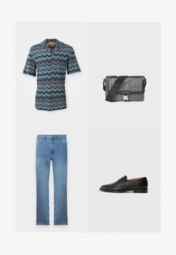 Rövid ujjú, gombos ing, melynek navy, zöld és világoskék cikk-cakk mintázata van egy textúrált anyagon. Címke a nyaknál.; Világoskék farmernadrág, egyenes szabással, öt zsebbel, cipzáras derékrésszel és eltérő varrással. Az anyag sima, texturált felületű.; Fekete bőr mokaszin, kerek orral, diszkrét varrásokkal és alacsony sarokkal, sima felülettel és minimalista dizájnnal.; Fekete és szürke mintázatú keresztbody táska, geometrikus designnal, cipzáros záródással és ezüstszínű fém kiegészítőkkel. Állítható pánt is tartozik hozzá.