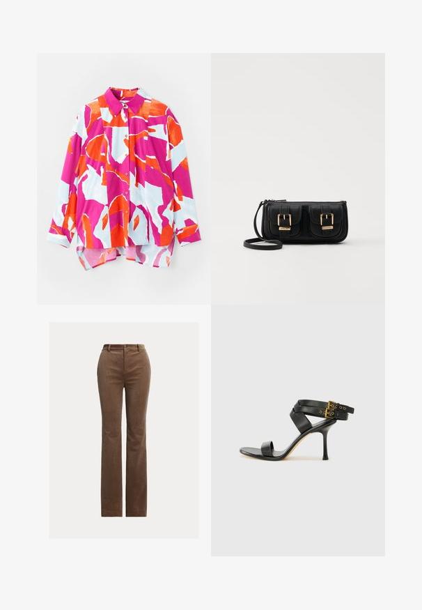 Košulja na dugmad s živopisnim apstraktnim uzorkom u ružičastoj, narančastoj i svijetloplavoj boji. Izrađena od glatkog materijala s ovratnikom i dugim rukavima.; Smeđe kordura hlače ravnog kroja, s petljama za remen, prednjim džepovima i suptilnim vertikalnim rebrima za teksturu.; Crne sandale s petom sa preklapanim trakama i podesivim kopčanjem. Imaju glatku teksturu i suženi stiletto potplat.; Crna kožna torba preko ramena s dva prednja džepa, zlatnim kopčama, zatvaranjem na zip i uskim remenom. Teksturirana površina i kompaktan pravokutan oblik.
