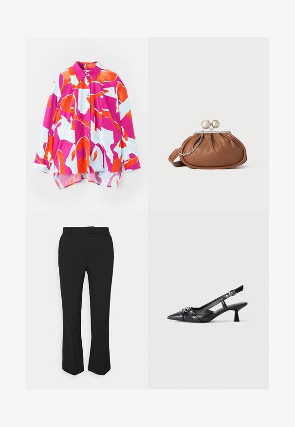 Košile na knoflíky s barevným abstraktním vzorem v růžové, oranžové a světle modré barvě. Vyrobena z hladkého materiálu s límcem a dlouhými rukávy.; Černé kalhoty na míru se střihovým designem rovného nohavice, mají poutka na opasek a boční kapsy. Vyrobené z hladké tkaniny s čistým zakončením.; Černé kožené slingback boty s špičatou špičkou, dekorativními pásky s kovovými očky a nízkým blokovým podpatkem. Texturovaný povrch.; Hnědá kožená psaníčko s stříbrným kulatým uzávěrem a malým stříbrným řetízkem na bílém pozadí.