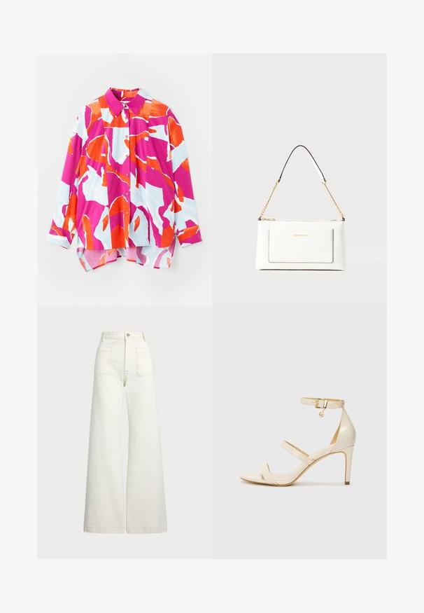 Button-up shirt featuring a colorful abstract pattern in pink, orange, and light blue. Made from smooth fabric with a collar and long sleeves.; Wide-leg jeans in off-white denim. High-waisted design with a button closure, two front pockets, and contrast stitching details.; Beige high-heeled sandals with thin ankle strap and two upper straps. Glossy patent finish and gold hardware detail on the ankle strap.; White leather handbag with a textured finish, featuring a gold chain strap and black accents. Includes a front pocket and zipper closure.