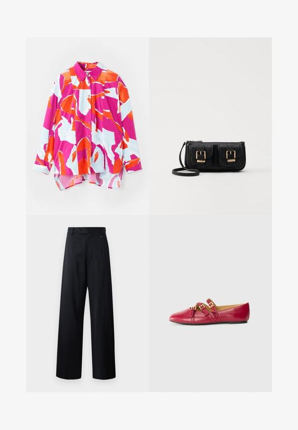 Knapp-skjorte med et farverigt abstrakt mønster i pink, orange og lyseblå. Fremstillet af glat stof med krave og lange ærmer.; Bredde ben bukser i mørk navy, med knaplukning, frontfolder og glat stof med et rent, skræddersyet design.; Røde lædersandaler med spidse tær, dobbelte stropper med guldfarvet hardware og en lav sort sål. Glat tekstur.; Sort læder crossbody taske med to frontlommer, guldspænder, lynlåslukning og en slank rem. Struktureret overflade og kompakt rektangulær form.