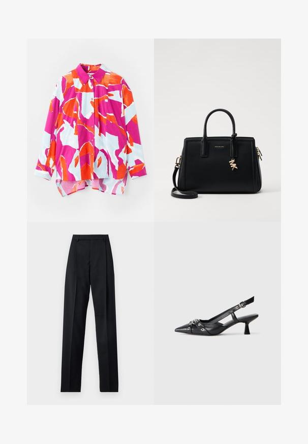 Camisa abotoada com um padrão abstrato colorido em rosa, laranja e azul claro. Confeccionada em tecido suave, com colarinho e mangas longas.; Calças pretas feitas de um tecido suave, com uma cintura alta, pernas largas, pregas frontais e passadores de cinto clássicos. Não há bolsos laterais visíveis.; Sapato slingback em couro preto com biqueira fina, tiras decorativas com ilhós de metal e um pequeno salto quadrado. Superfície texturizada.; Malinha de couro preta com design estruturado, duas alças superiores, alça de ombro destacável, ferragens douradas e um charme com logótipo como destaque.